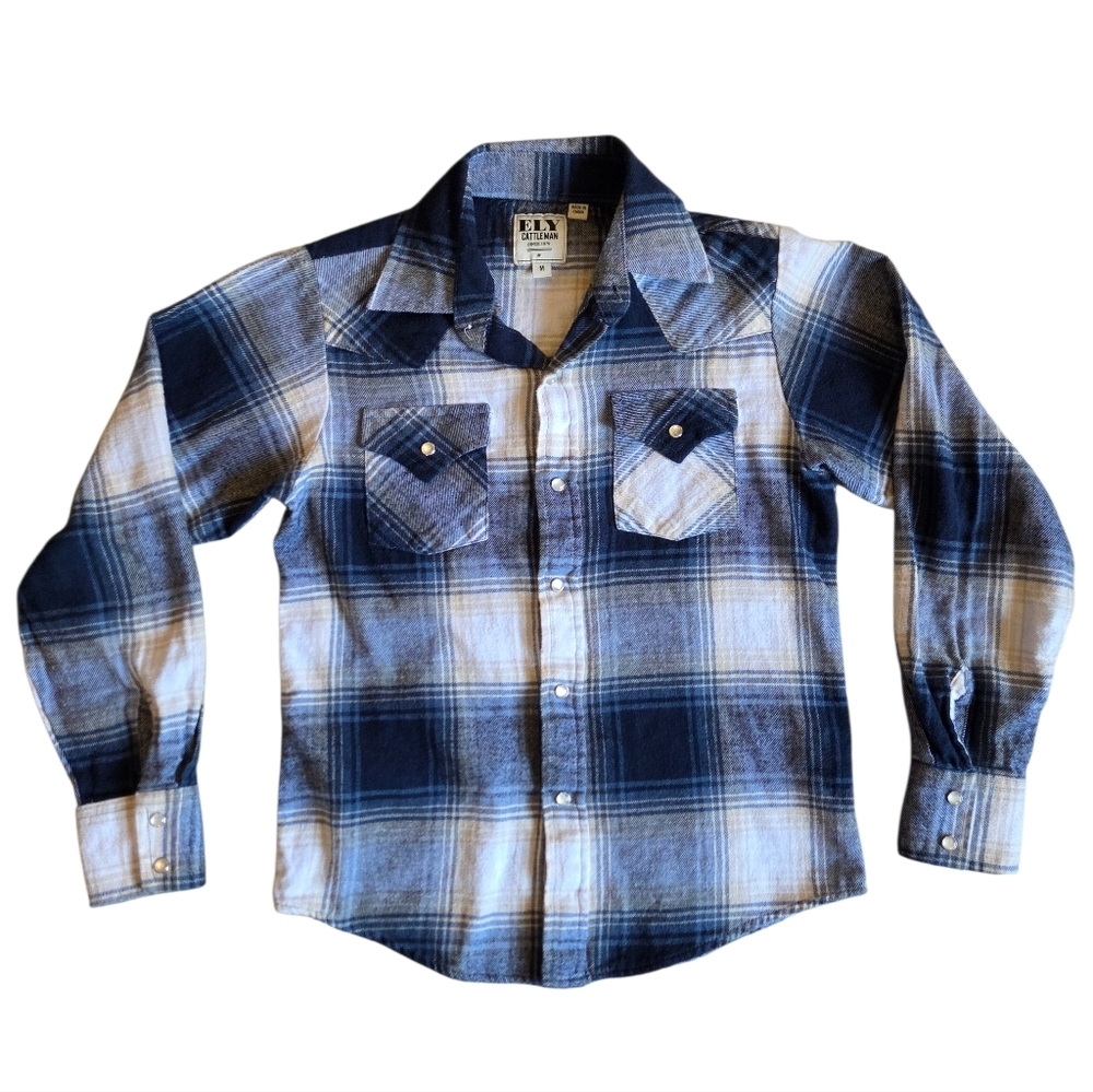 Ely Cattleman Blue and White Plaid Flannel Cotton Pearl Snap Shirt Medium